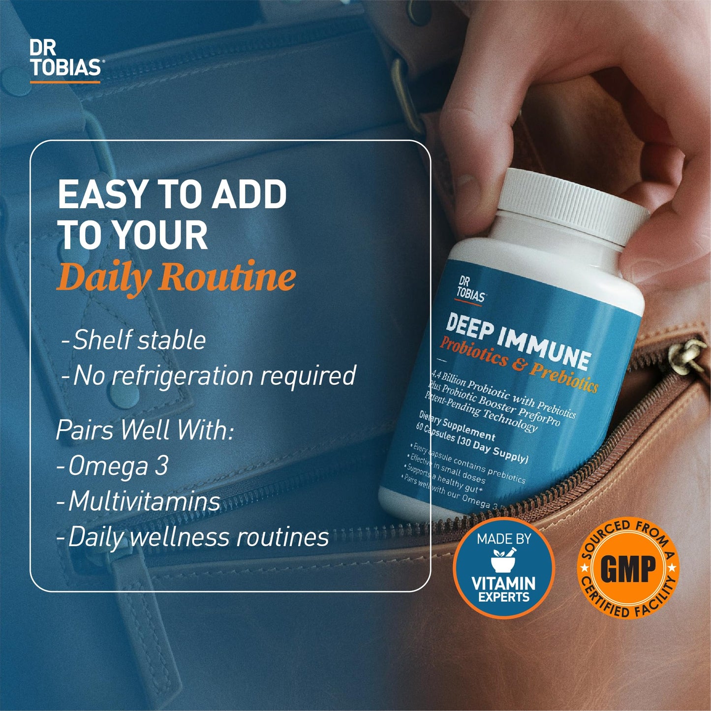 Dr. Tobias Deep Immune Probiotic + Prebiotic 60 Capsules | Gut Health | Dual Action Gut & Immune Support | DE111 Spore Forming Probiotics + PreforPro | Targeted Release | Shelf Stable | 30 Servings