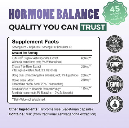 Hormone Balance for Women - Natural Mood Supplement - PMS Relief and Menopause Support | Featuring Clinically Studied KSM-66 Ashwagandha (90 Capsules)