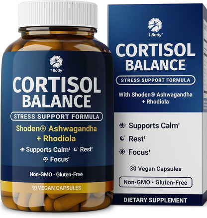 1 Body Cortisol Support with Ashwagandha & Saffron, 30 Vegan Capsules