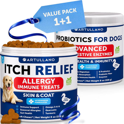 Dog Allergy Relief + Probiotics for Dogs Bundle - Itch Relief for Dogs - Fish Oil - Omega 3 - Itchy Skin Relief - Seasonal Allergies - Anti Itch Support & Hot Spots - Dog Probiotics and Digestive Enzy