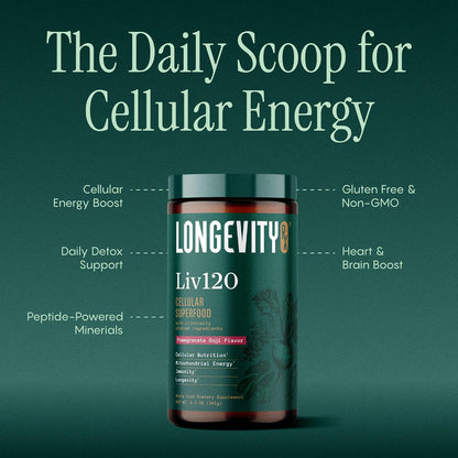 Liv120 Superfood Powder, Antioxidant Blend with Pomegranate, Turmeric, Mulberry, Soursop, Noni, Non-GMO, Vegan, for Energy, Detox, Immunity