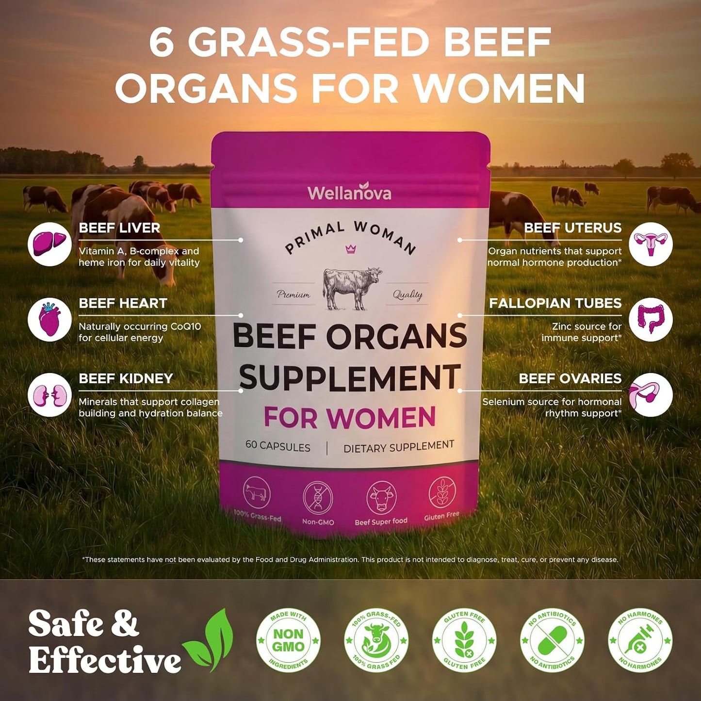Primal Beef Organ Supplement for Women, Grass-Fed Ancestral Superfood | Supplement With Uterus & Liver, For Hormone Balance & Queen Energy, 60 Capsules