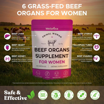 Primal Beef Organ Supplement for Women, Grass-Fed Ancestral Superfood | Supplement With Uterus & Liver, For Hormone Balance & Queen Energy, 60 Capsules