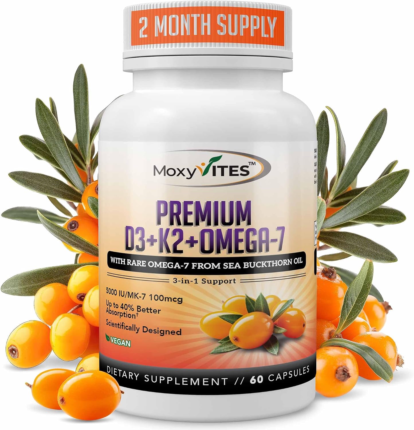 MoxyVites Vitamin D3 K2 5000 IU – High Absorption D3 + K2 MK-7 with Sea Buckthorn Oil & Omega-7 – Bone, Heart & Immune Support for Women & Men – 60 Vegan Capsules