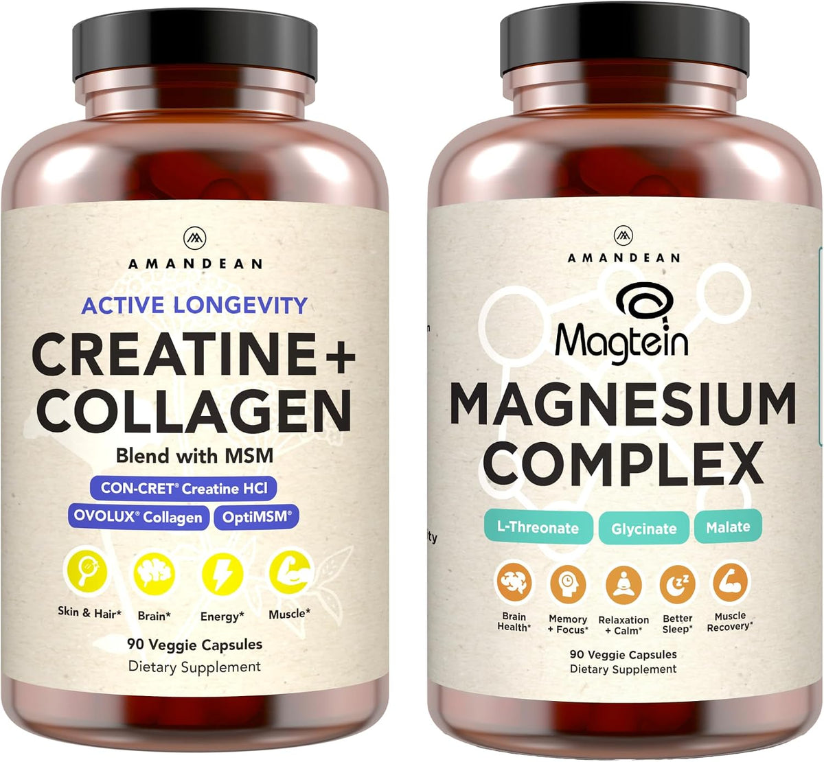 AMANDEAN Strength and Sleep Bundle - Creatine, Collagen and MSM Capsules + Magtein Magnesium L-Threonate Complex for Mind and Body Recovery