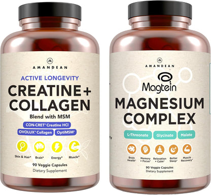 AMANDEAN Strength and Sleep Bundle - Creatine, Collagen and MSM Capsules + Magtein Magnesium L-Threonate Complex for Mind and Body Recovery