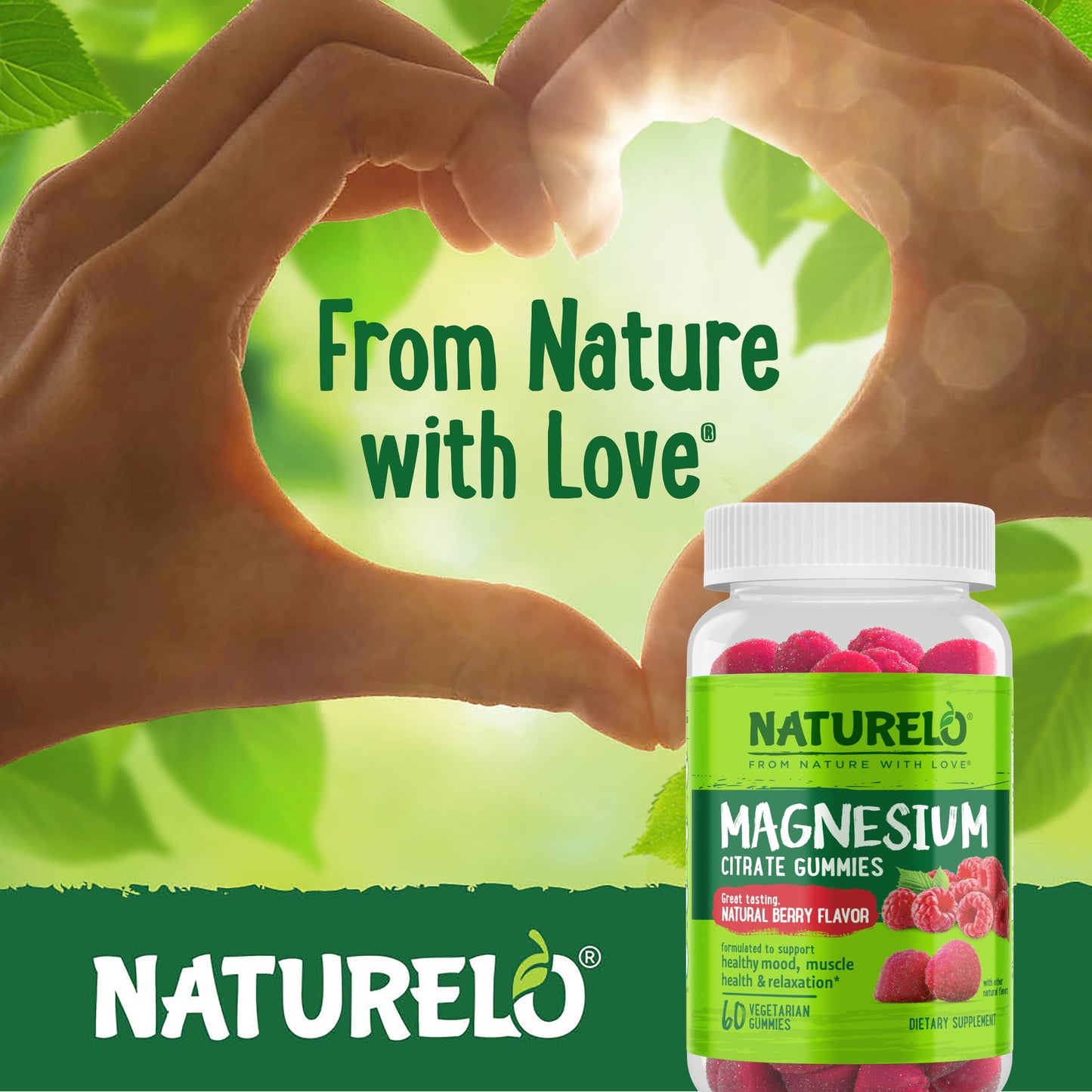 NATURELO Magnesium Citrate Gummies - for Calm & Relaxation Support, Natural Berry Magnesium Gummies, 60 Vegetarian Gummies