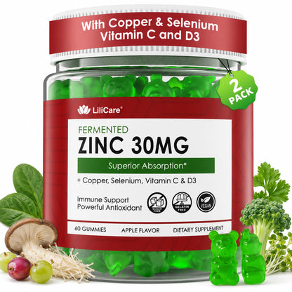 Zinc Gummies + Copper, Selenium, Vitamin C & D3, Fermented Zinc Supplements for Women & Men with Elderberry, Daily Immune Gummies, Powerful Antioxidant, Superior Absorption, Vegan, Sugar Free, 2 Pack