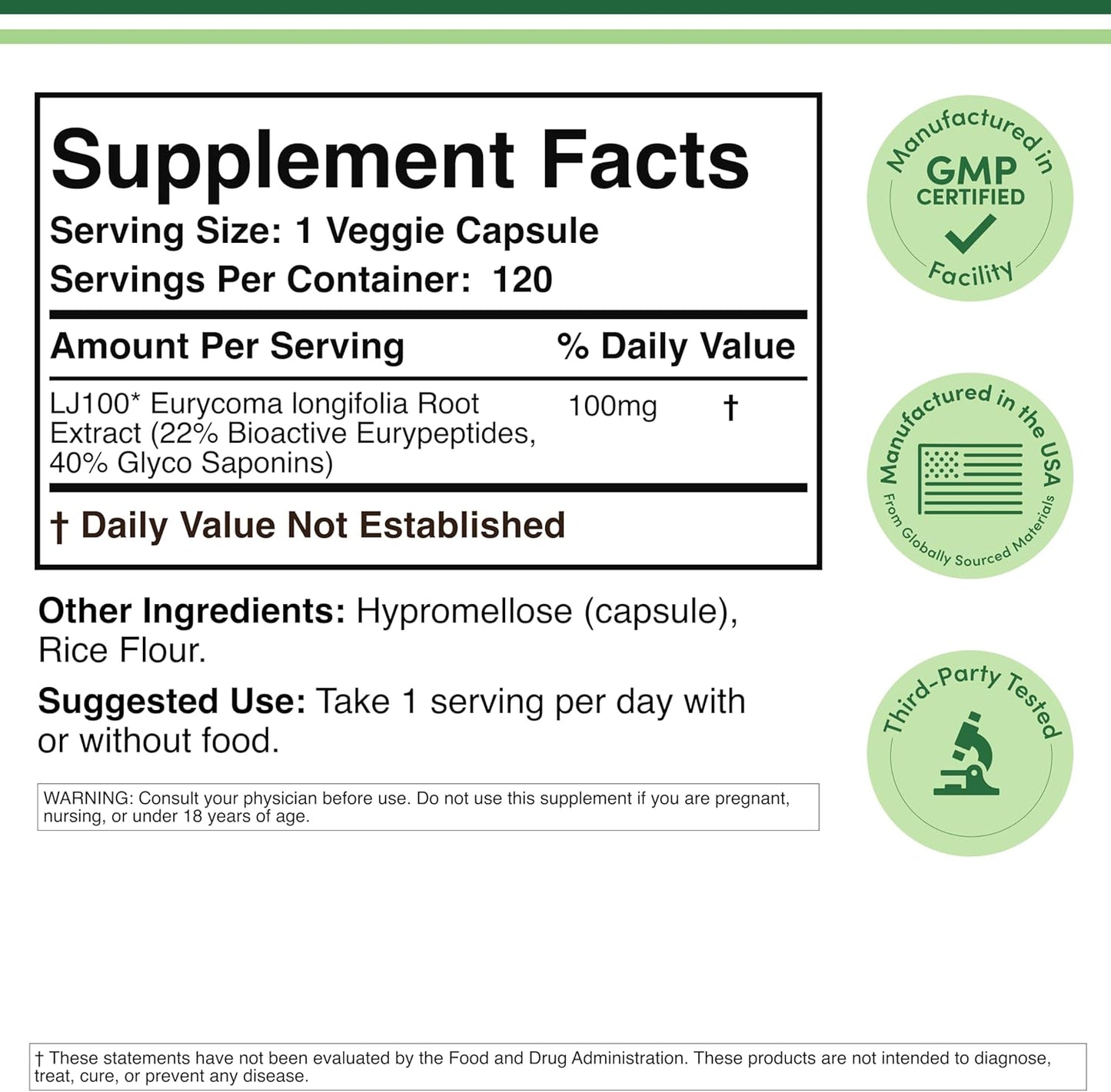 LJ100 Tongkat Ali for Men (120 Capsules) - Only Clinically Proven and Patented Men's Heath Supplement Tongkat Ali Formula (LJ100 Std to 40% Glycosaponins, 22% Eurypeptides) by Double Wood