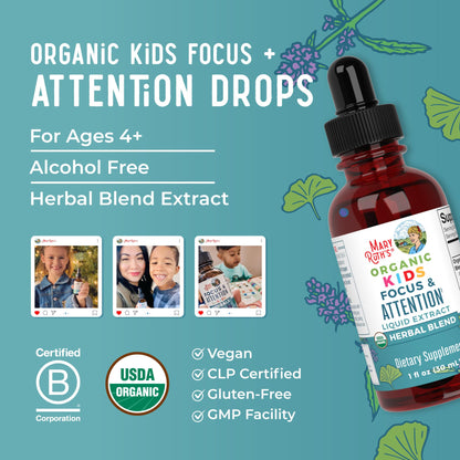 MARYRUTH'S Kids Focus & Attention Drops | USDA Organic Drops | Ginkgo Biloba | Rhodiola Root & Licorice Root | Adaptogenic | Calm | Vegan | Non-GMO | Gluten Free | 30 Servings