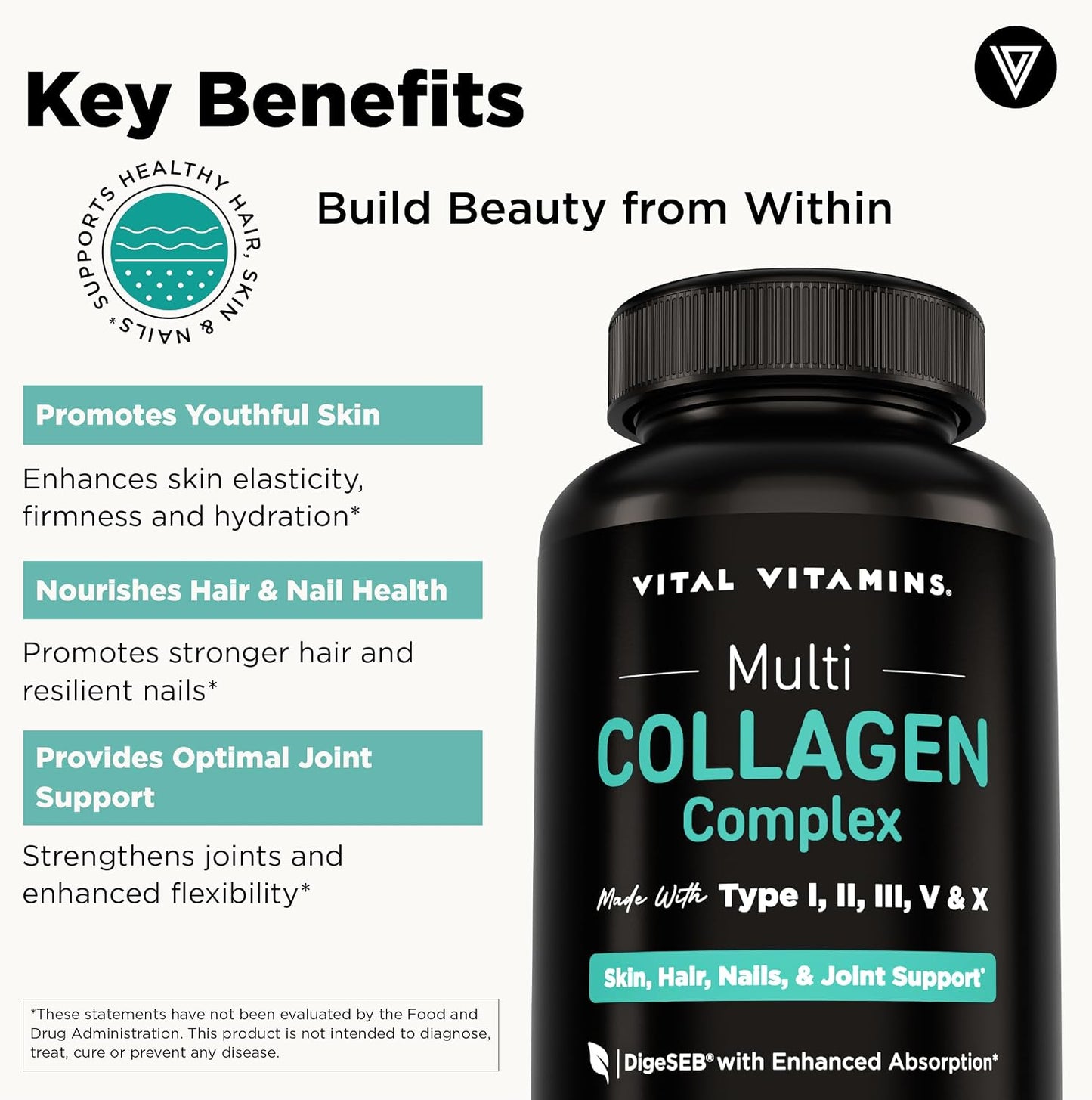 Vital Vitamins Multi Collagen Peptides Complex for Women & Men, 150 Pills | Supports Skin, Hair & Nails, 5 Collagen Types I II III V & X, Grass-Fed Non-GMO Collagen Supplements