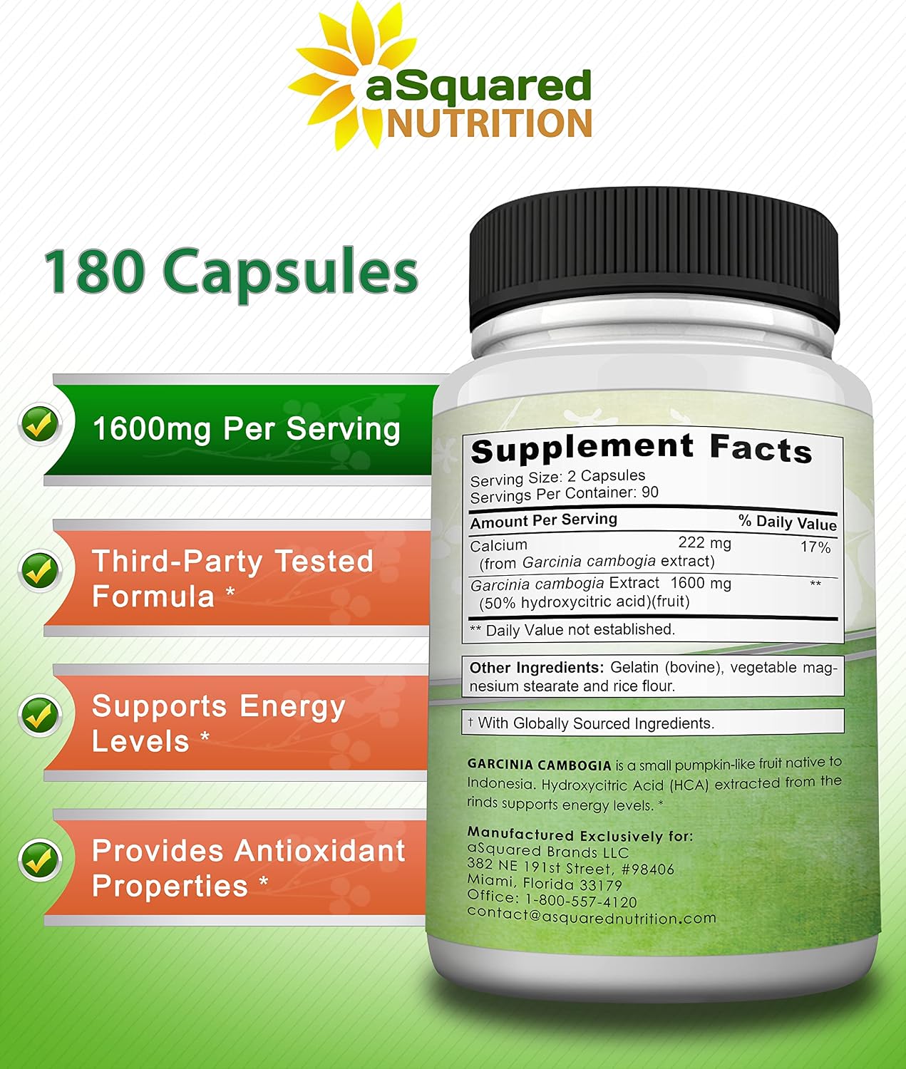 aSquared Nutrition Garcinia Cambogia - 1600mg/Serving - 180 Capsules | Standardized HCA Supplement - Natural Pure Extract Pills Alternative to Gummies, Drops, Tea & Powder