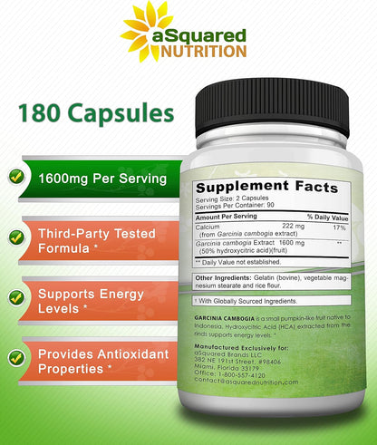aSquared Nutrition Garcinia Cambogia - 1600mg/Serving - 180 Capsules | Standardized HCA Supplement - Natural Pure Extract Pills Alternative to Gummies, Drops, Tea & Powder