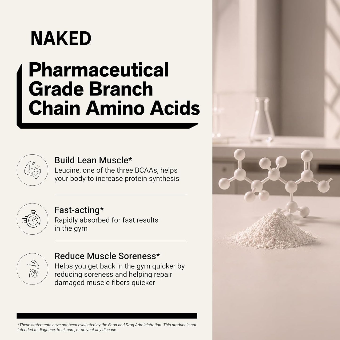 NAKED BCAAs Amino Acids Powder, Only 1 Ingredient, Pure 2:1:1 Formula, Vegan Unflavored Branched Chain Amino Acids, Instantized All Natural BCAA Supplement - 500 Grams, 100 Servings