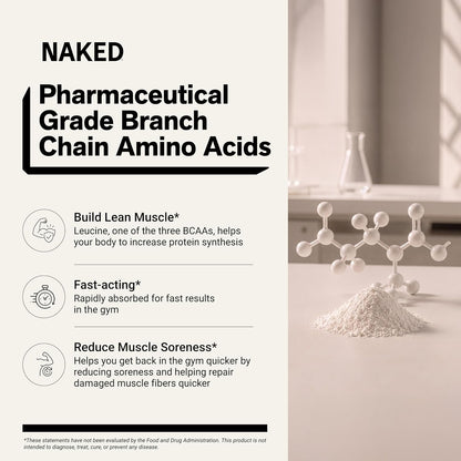 NAKED BCAAs Amino Acids Powder, Only 1 Ingredient, Pure 2:1:1 Formula, Vegan Unflavored Branched Chain Amino Acids, Instantized All Natural BCAA Supplement - 500 Grams, 100 Servings