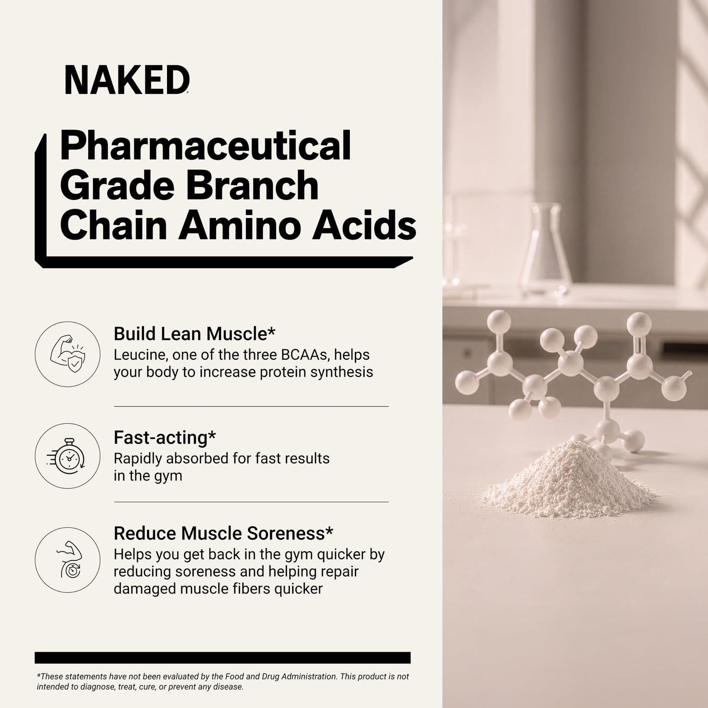 NAKED BCAAs Amino Acids Powder, Only 1 Ingredient, Pure 2:1:1 Formula, Vegan Unflavored Branched Chain Amino Acids, Instantized All Natural BCAA Supplement - 500 Grams, 100 Servings