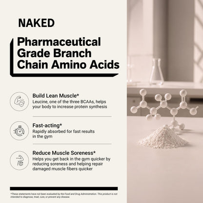 NAKED BCAAs Amino Acids Powder, Only 1 Ingredient, Pure 2:1:1 Formula, Vegan Unflavored Branched Chain Amino Acids, Instantized All Natural BCAA Supplement - 500 Grams, 100 Servings