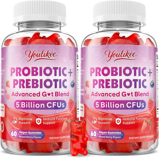 2 Pack Prebiotic + Probiotic Gummies, 5 Billion CFUs with Fibers | Probiotic Gummies for Gut Health Support, Vegan, Sugar-Free, 120 Count