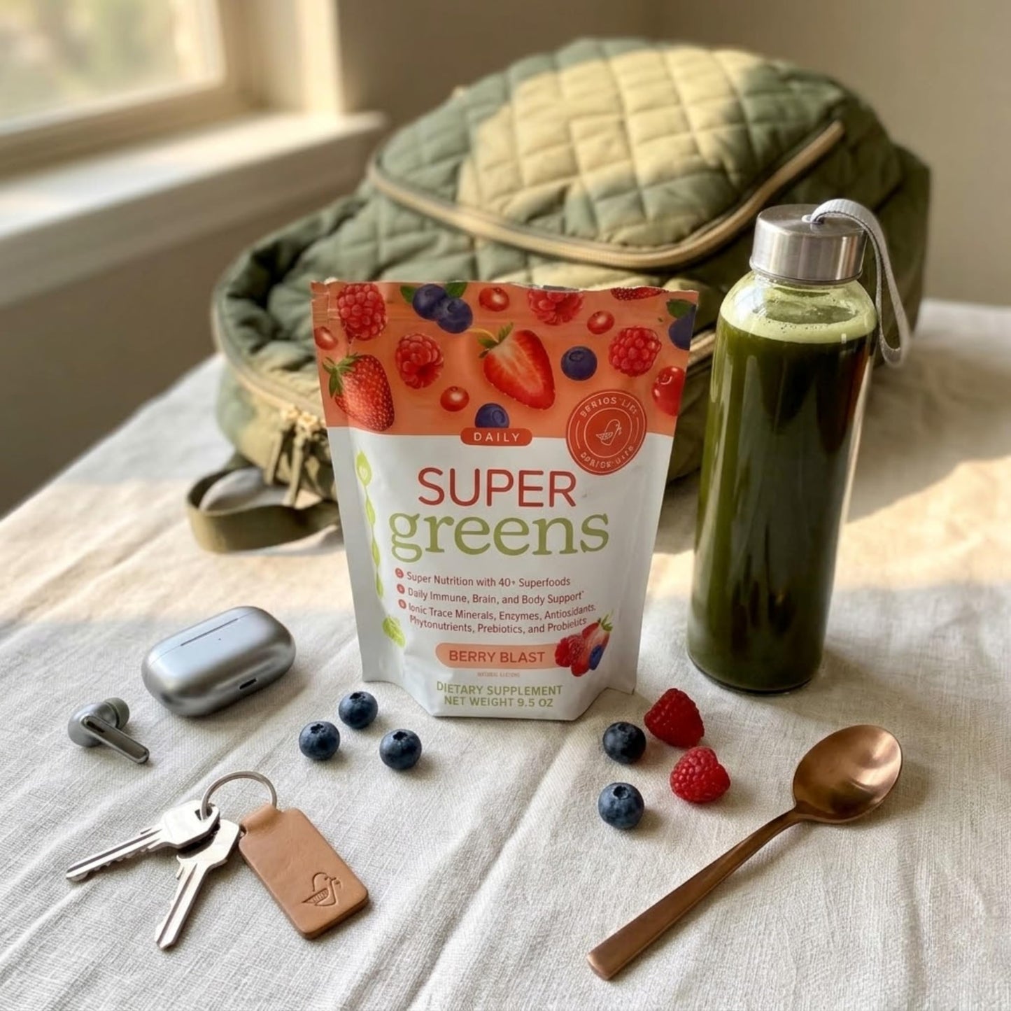 SPRIGS Daily Super Greens Powder Berry Blast, 9.5 Oz, 40+ Superfoods with Probiotics, Fiber & Enzymes | Vitamins & Minerals for Energy, Brain, Body & Digestive Support | Low Sugar Greens Drink Mix