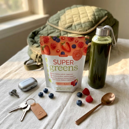 SPRIGS Daily Super Greens Powder Berry Blast, 9.5 Oz, 40+ Superfoods with Probiotics, Fiber & Enzymes | Vitamins & Minerals for Energy, Brain, Body & Digestive Support | Low Sugar Greens Drink Mix
