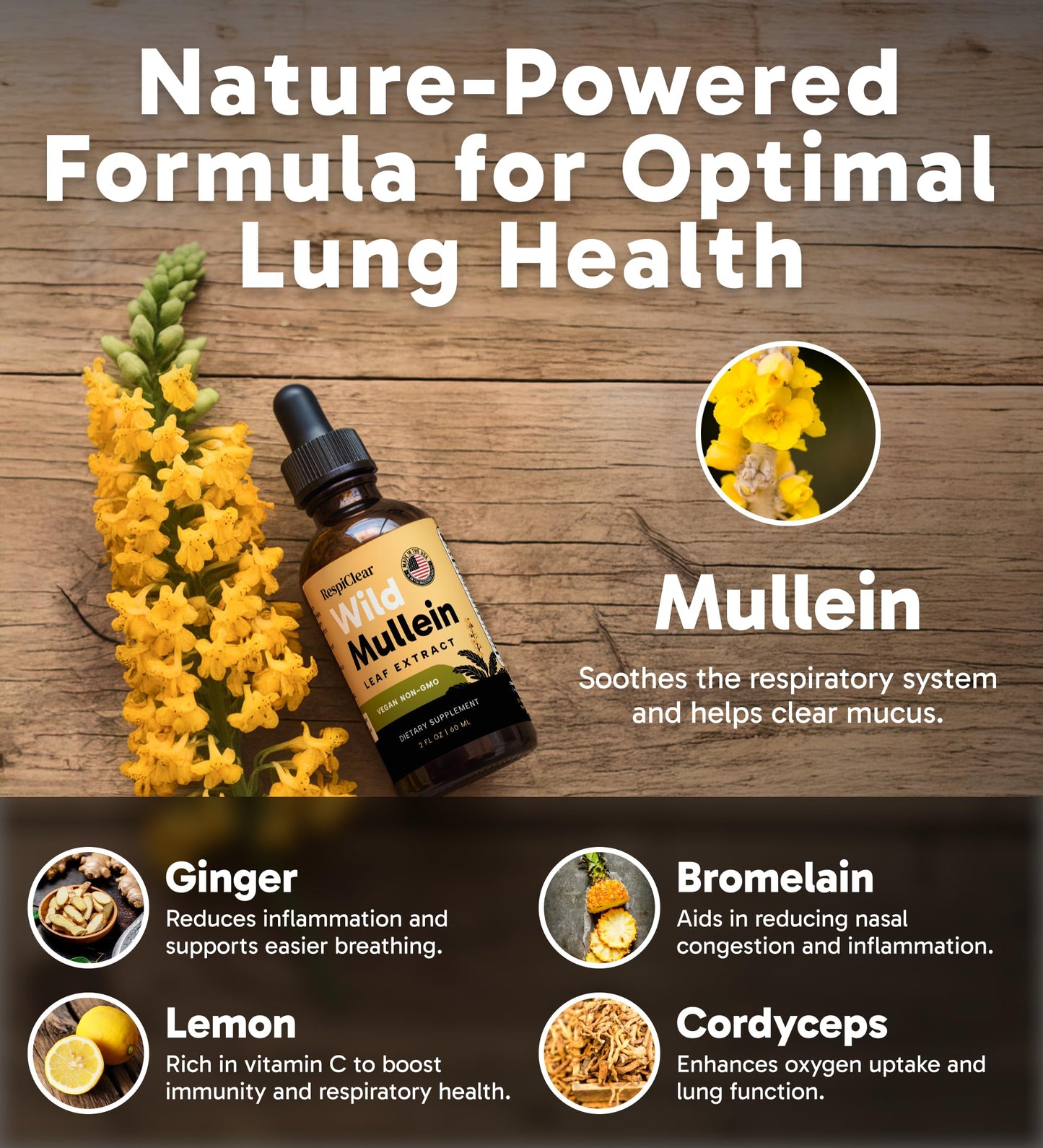 All-Natural Mullein Drops with Ginger & Lemon for Lung Cleanse and Detox, Mullein Leaf Extract for Respiratory Lung Health & Detox for Smokers, 2 Fl oz