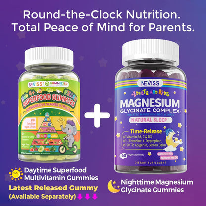 Magnesium Glycinate Gummies for Adults & Kids 4+, Sugar Free Magnesium Bisglycinate Supplement 400/200mg with B6D3, L-Theanine for Sleep & Relaxation, Brain, Muscle, Melatonin Free Gummies,2Pack