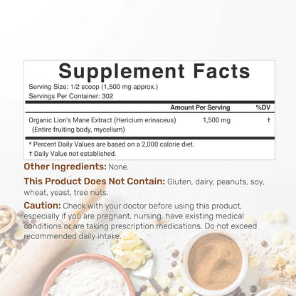 DEAL SUPPLEMENT Organic Lions Mane Mushroom Powder Supplement, 1,500mg Per Serving, 1lb – Active Fruiting Body & Mycelium Extract – Natural Brain Nootropic & Immune System Booster – Non-GMO