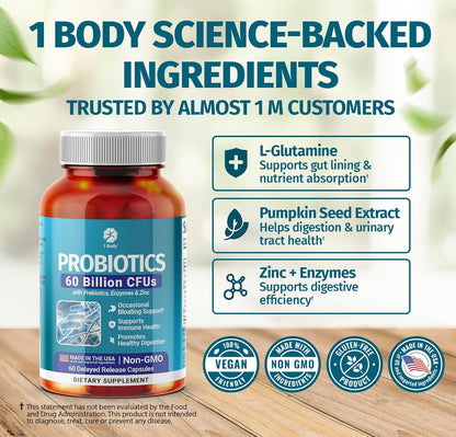 1 Body Thyroid Support Supplement + 60 Billion Probiotics for Men & Women