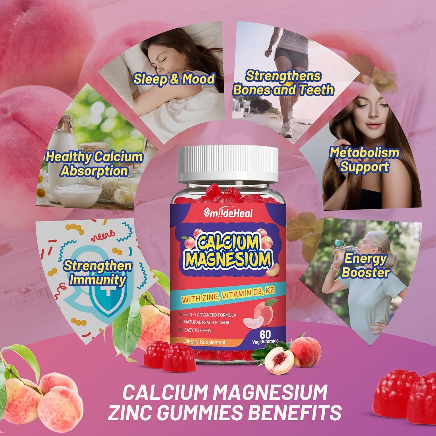 Calcium Magnesium Gummies 600MG, Calcium Magnesium Zinc Gummies with Vitamin D3 - High Absorption Complex Calcium Supplement, Vegan, 60 Counts