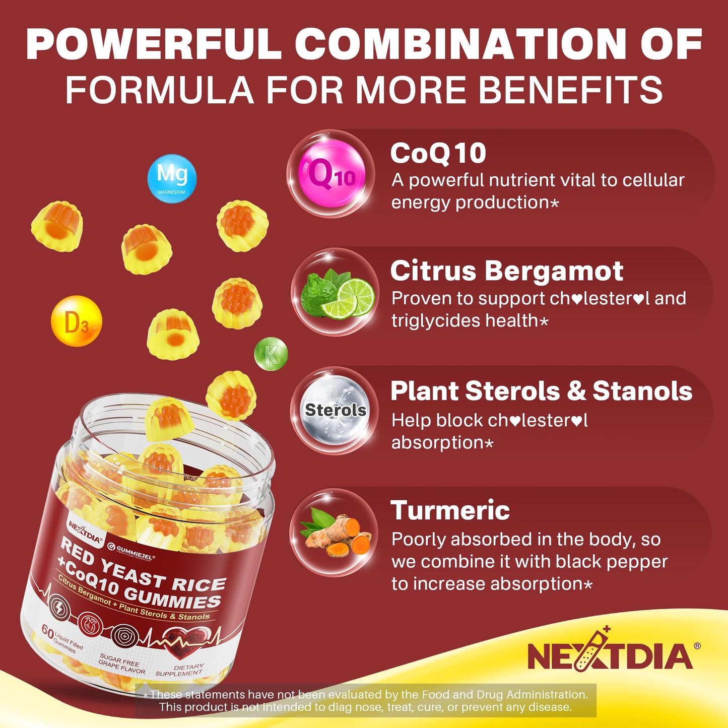 Red Yeast Rice Gummies 2400MG with CoQ10, Suagr Free Balanced Chṏlesterṏl Supplements Plus Citrus Bergamot, Plant Sterols & Stanols Supports Vḁsculḁr Health, Energy, Immunity for Age 50+,Vegan,60 Cts