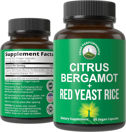 Peak Performance Citrus Bergamot + Red Yeast Rice. 2-in-1 Supplement. High Strength 10:1 Bergamot Extract. No Gluten, Zero Sugar, Vegan Capsules