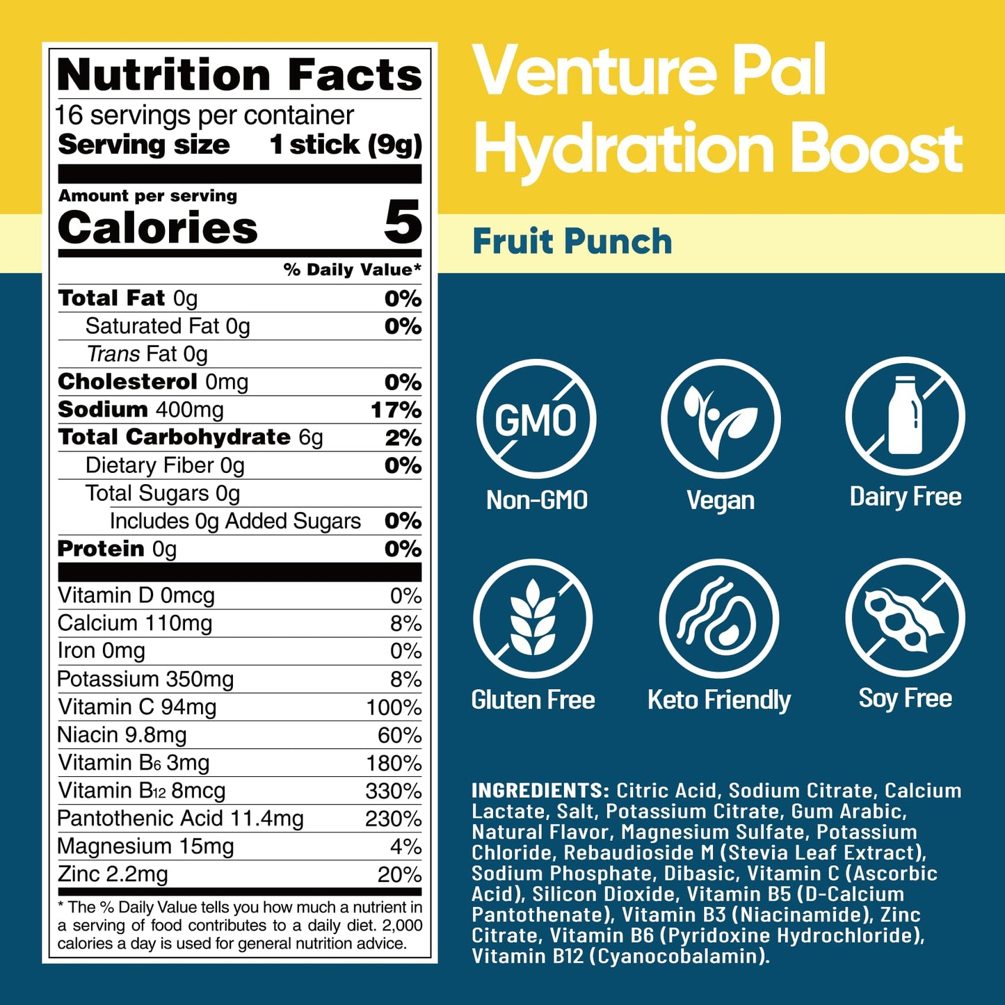 Venture Pal Sugar Free Electrolyte Powder Packets, Keto Friendly, 16 Sticks | Liquid Daily IV Hydration Packets for Rapid Rehydration. 7 Electrolytes & 5 Vitamins | Non-GMO | Vegan | Fast Dissolve