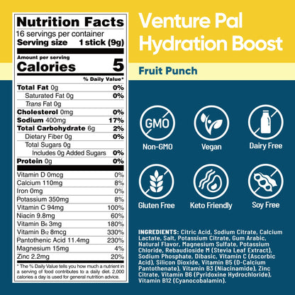 Venture Pal Sugar Free Electrolyte Powder Packets, Keto Friendly, 16 Sticks | Liquid Daily IV Hydration Packets for Rapid Rehydration. 7 Electrolytes & 5 Vitamins | Non-GMO | Vegan | Fast Dissolve