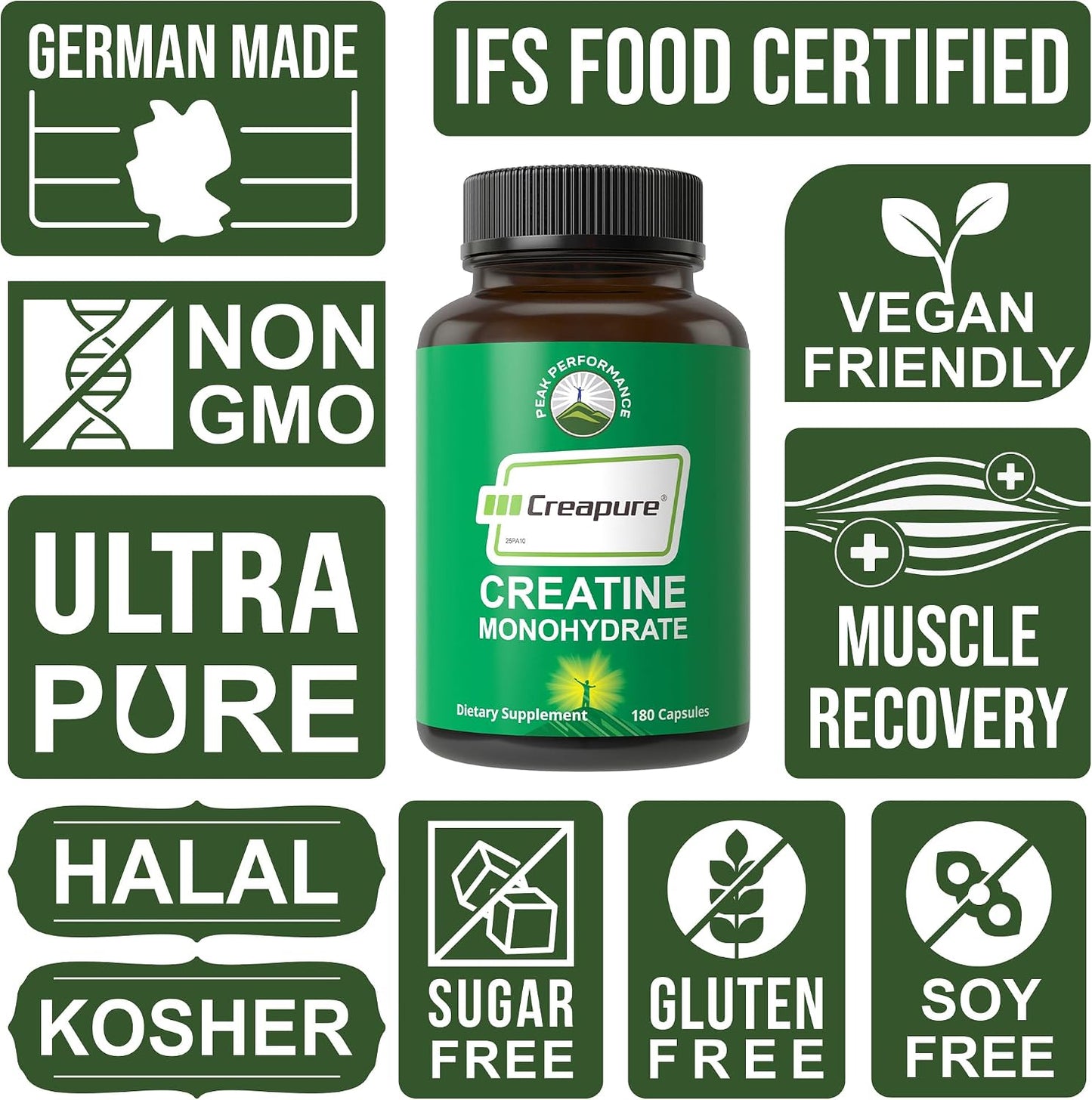 Creapure Creatine Monohydrate 180 Capsules - Ultra High Purity German Made Creatine with Nothing Added at All - Pure Unflavored Pills for Men & Women - No Sugar, Non-GMO, Vegan Friendly Supplement