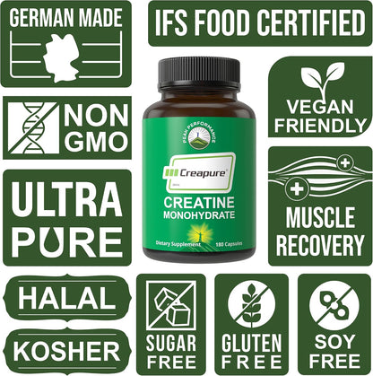 Creapure Creatine Monohydrate 180 Capsules - Ultra High Purity German Made Creatine with Nothing Added at All - Pure Unflavored Pills for Men & Women - No Sugar, Non-GMO, Vegan Friendly Supplement