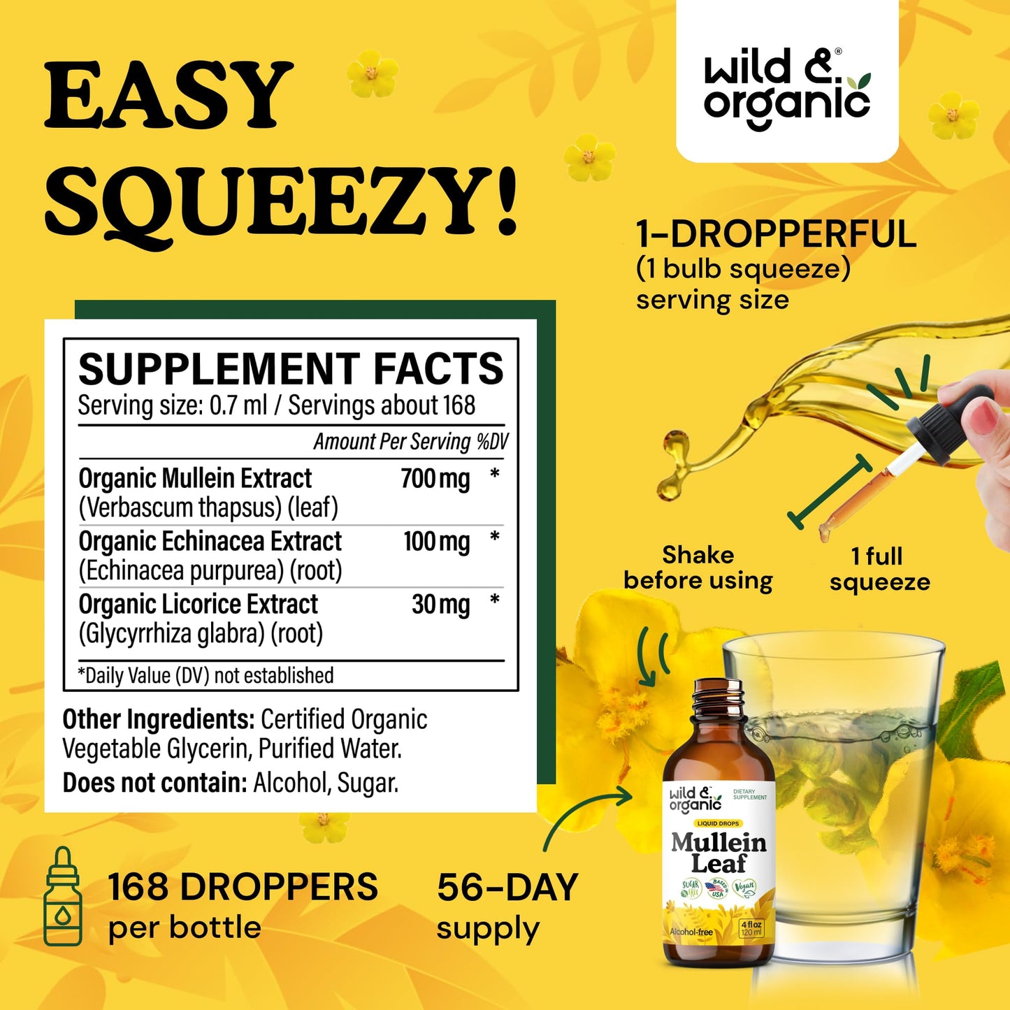 Wild & Organic Mullein Drops for Lungs - Cleanse and Detox - Liquid Mullein Leaf Extract for Lungs with Echinacea - Add to Tea - Verbascum Thapsus Tincture - Sugar & Alcohol-Free Supplement - 4 fl oz