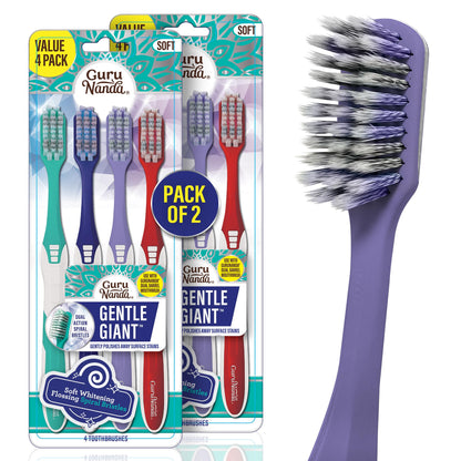 GuruNanda Gentle Giant Toothbrush with Dual Action Flossing Spiral Bristles, Non-Slip Ergo Dexa Grip, Helps in Teeth Whitening, BPA Free Manual Toothbrushes, Assorted Colors, 4 Count