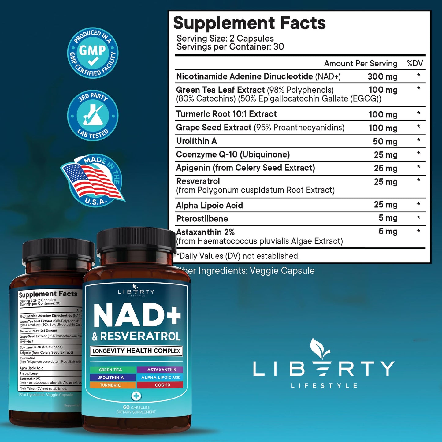NAD+ Supplement Complex – NAD+ 300 mg with Astaxanthin, Urolithin A, Resveratrol, CoQ10 & Antioxidant Blend – Cellular Energy, Mitochondrial Support or Women & Men – Vegan, Non-GMO- 120 Capsules