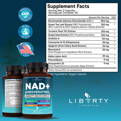 NAD+ Supplement Complex – NAD+ 300 mg with Astaxanthin, Urolithin A, Resveratrol, CoQ10 & Antioxidant Blend – Cellular Energy, Mitochondrial Support or Women & Men – Vegan, Non-GMO- 120 Capsules