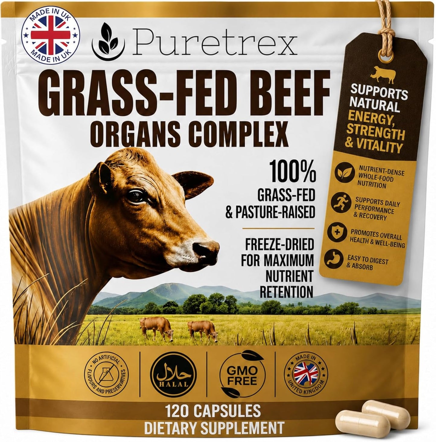 Grass-Fed Beef Organs Complex, Freeze-Dried Liver Heart Kidney Spleen Capsules with BioPerine, Beef Organ Supplement for Women and Men, 100% Pasture-Raised, GMO Free, 120 Count