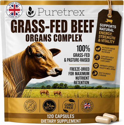 Grass-Fed Beef Organs Complex, Freeze-Dried Liver Heart Kidney Spleen Capsules with BioPerine, Beef Organ Supplement for Women and Men, 100% Pasture-Raised, GMO Free, 120 Count