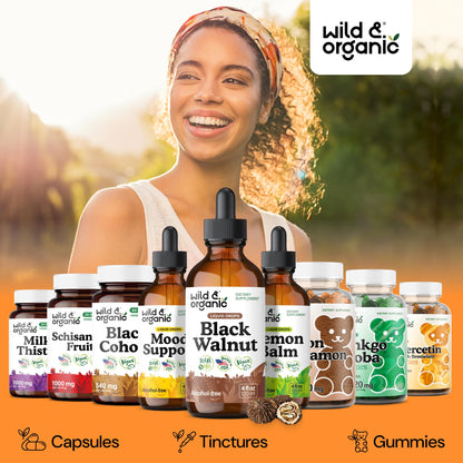 Wild & Organic Black Walnut Hull Tincture - Cleanse & Gut Support - Black Walnut Extract Supplement - Fast Absorption Liquid Drops - Add to Tea & Mix with Powder - Without Alcohol & Sugar - 4 fl oz
