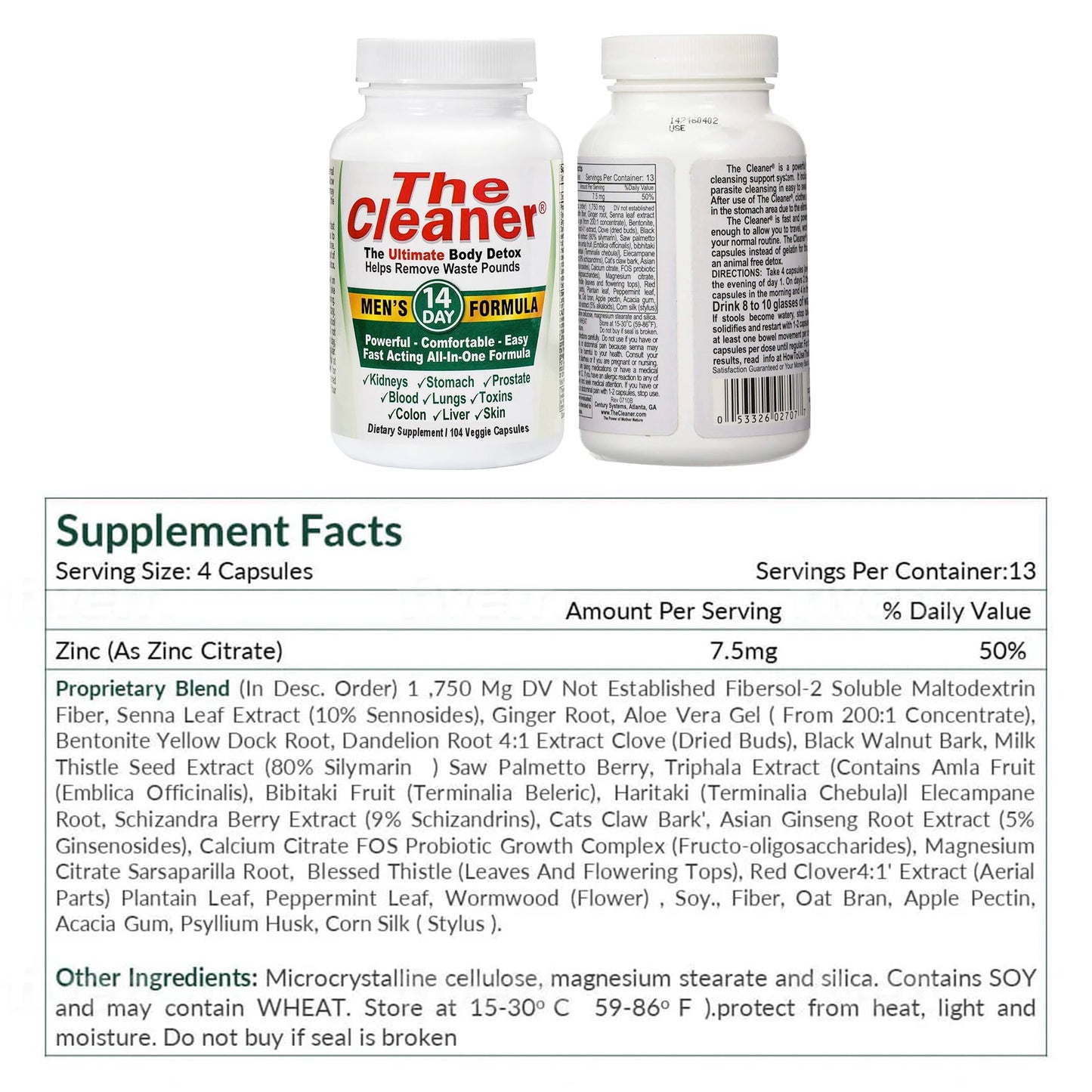 Century Systems The Cleaner Detox, Powerful 7-Day Complete Internal Cleansing Formula for Men, Support Digestive Health, 52 Vegetarian Capsules