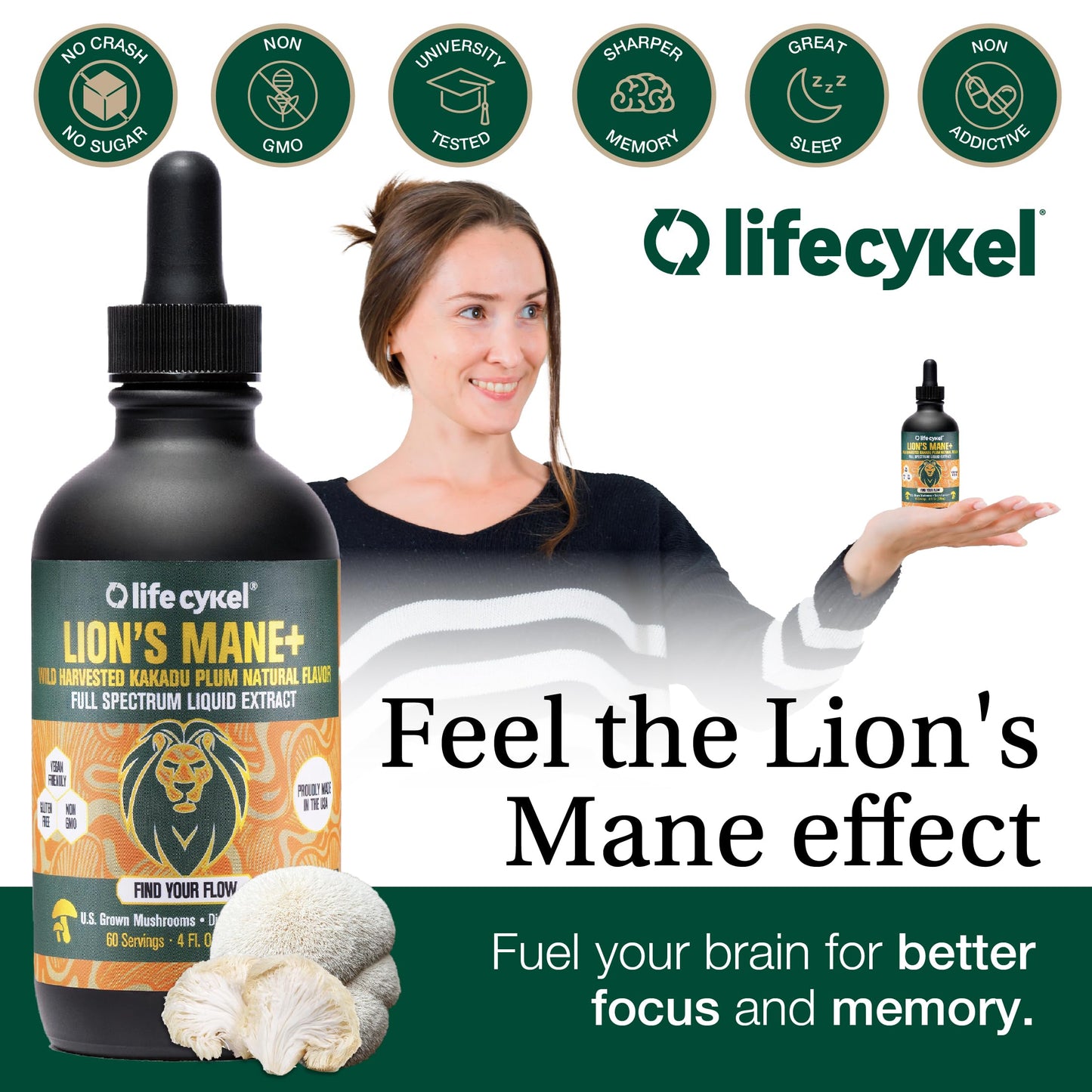 Life Cykel - Lion's Mane Mushroom Extract with Kakadu Plum - Brain Booster Nootropic for Memory, Focus & REM Sleep - Non-GMO, Organic Mushroom Tincture - 4 Fl Oz (60 Servings)