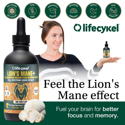 Life Cykel - Lion's Mane Mushroom Extract with Kakadu Plum - Brain Booster Nootropic for Memory, Focus & REM Sleep - Non-GMO, Organic Mushroom Tincture - 4 Fl Oz (60 Servings)