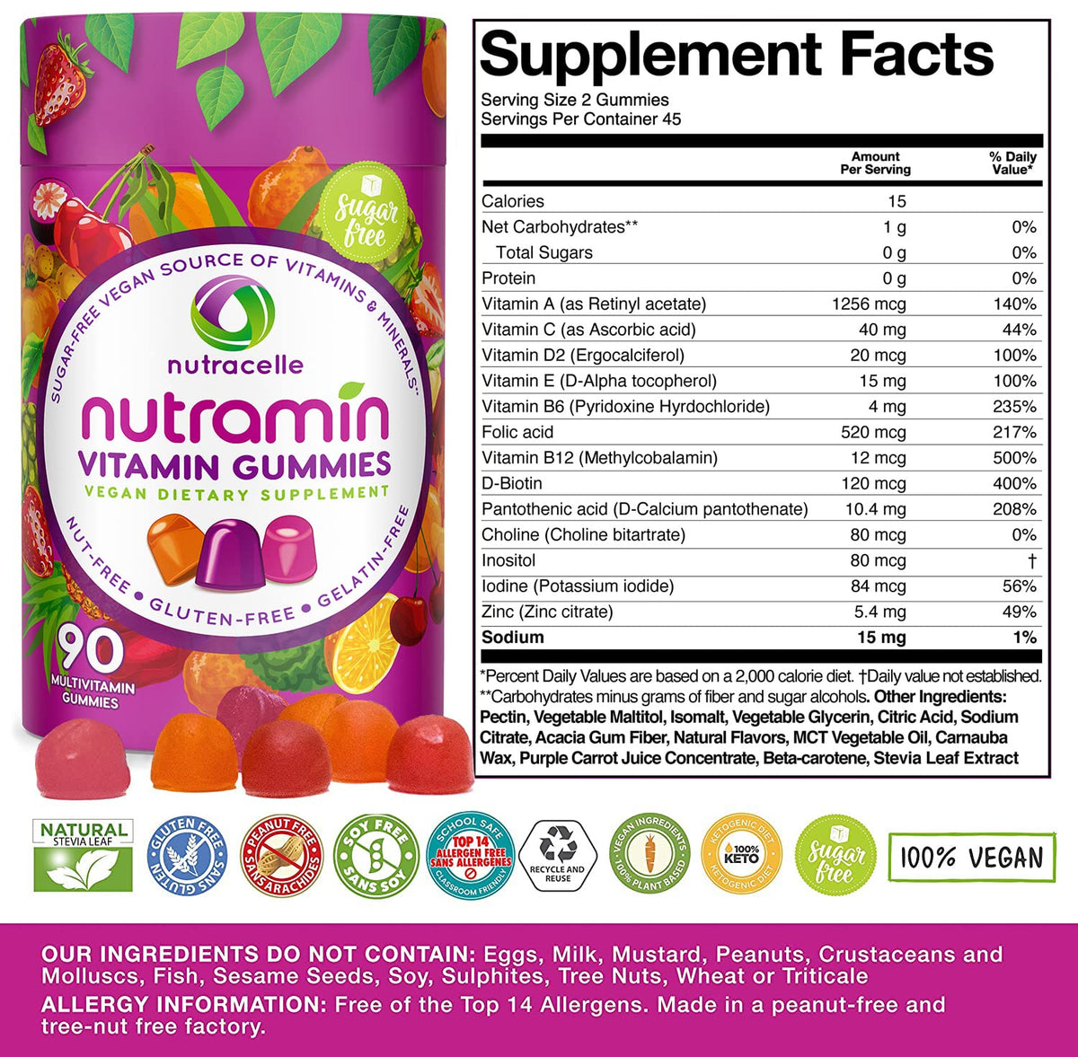 NUTRAMIN Daily Vegan Keto Multivitamin Gummies Vitamin C, D2, and Zinc for Immunity