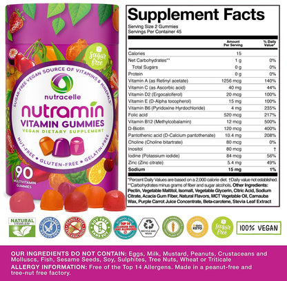NUTRAMIN Daily Vegan Keto Multivitamin Gummies Vitamin C, D2, and Zinc for Immunity