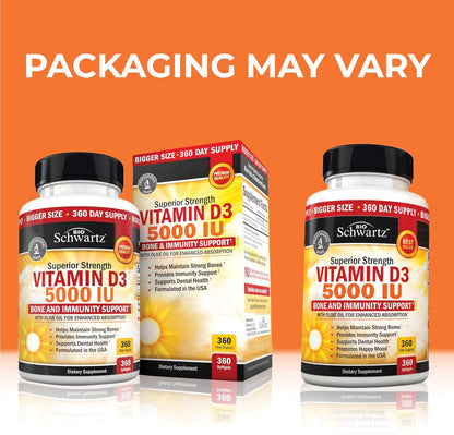 Vitamin D3 5000 IU (125 mcg) Supplement, 360 Softgels