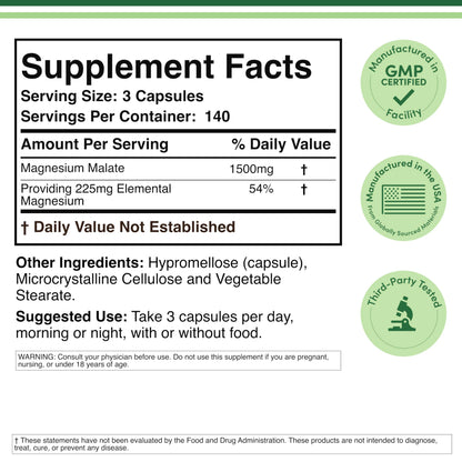 Magnesium Malate Capsules (420 Count) - 1,500mg Per Serving (Magnesium Bonded to Malic Acid), Third Party Tested, Vegan Friendly, Gluten Free by Double Wood Supplements