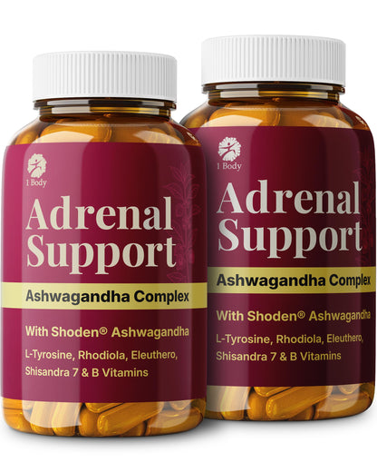 1 Body Adrenal Support Supplement, Shoden Ashwagandha + Cortisol, 60 Caps